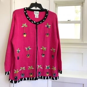 QUACKER FACTORY Cardigan Sweater Whimsical Palm Tree Pink Women’s Size 1X